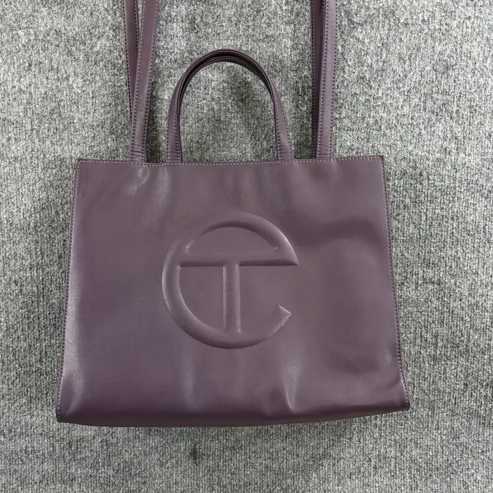 Telfar Medium Eggplant Shopping Tote Bag Purple Faux Leather Logo Crossbody